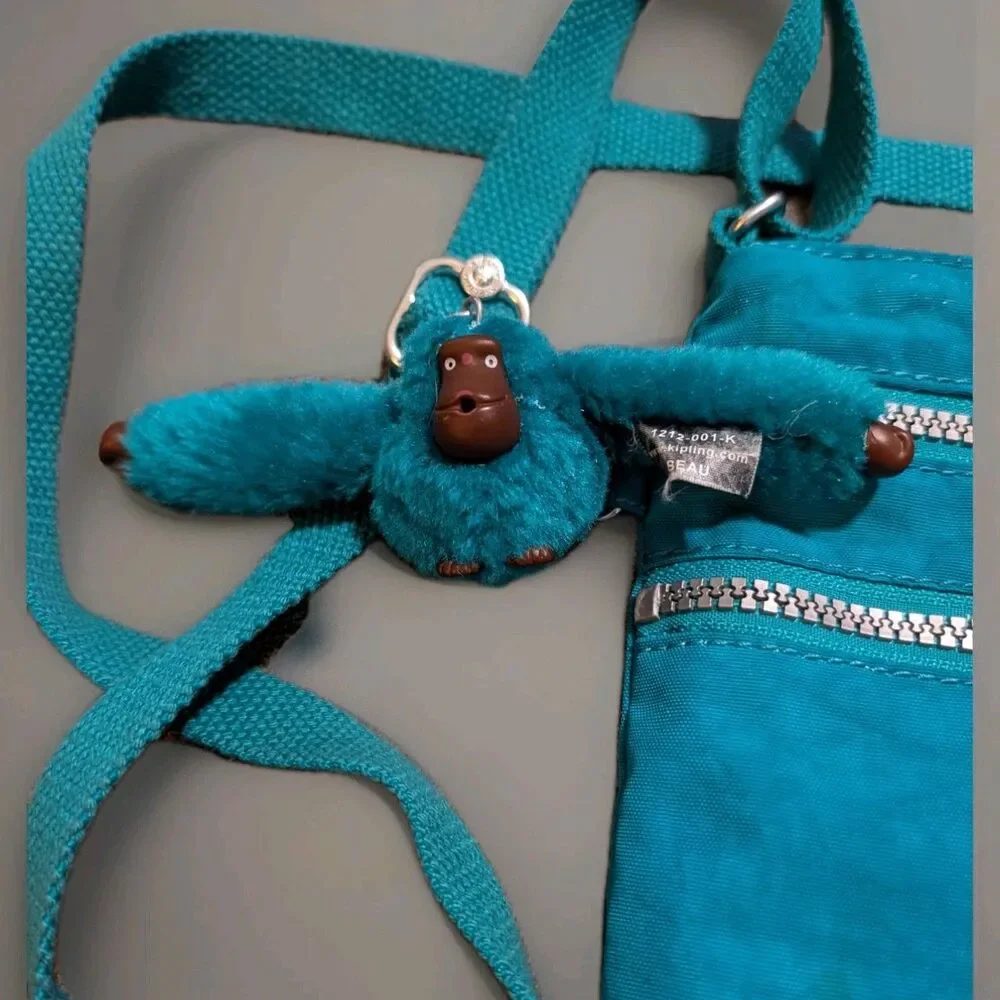 Kipling Keiko Mini Crossbody Bag Teal Turquoise Nylon Triple Zip Monkey